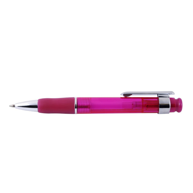 A Chrystalis Pen in a vibrant pink color with a chrome clip and grip.