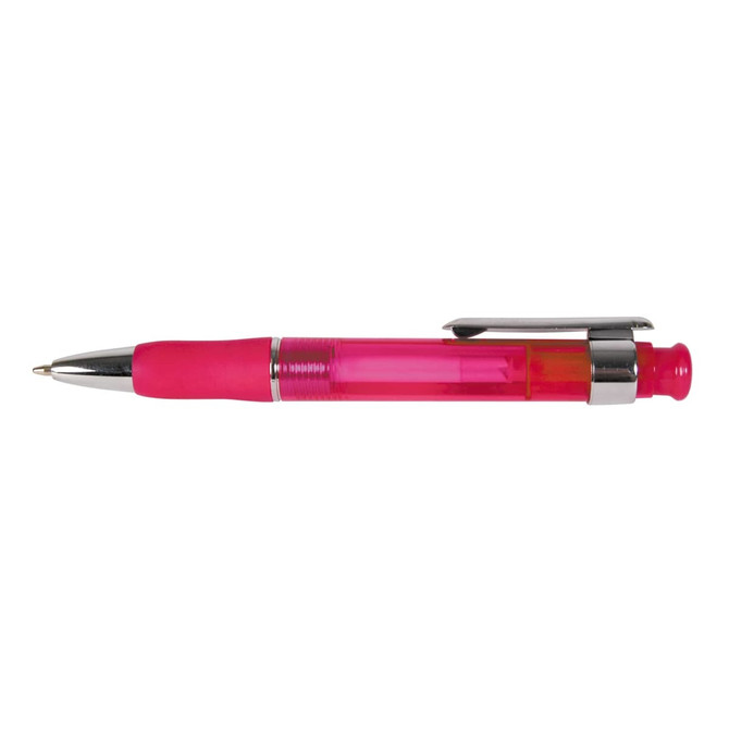 A vibrant pink plastic pen with a clear barrel and chrome accents, featuring a contoured grip for comfortable writing.