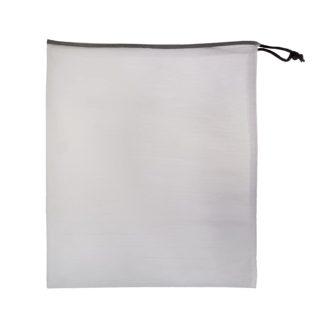 A drawstring bag made of white mesh fabric with a grey drawstring closure.