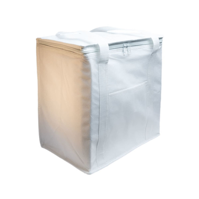 A white cooler bag with sturdy handles and a zippered top, featuring a side pocket and a clean design.
