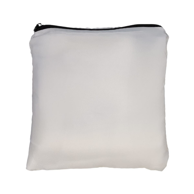 A white drawstring backpack with a black zipper at the top and a simple design. It features a logo.