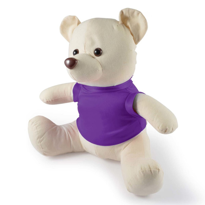 A plush toy bear dressed in a purple shirt, featuring soft, light-colored fur and a simple facial design.