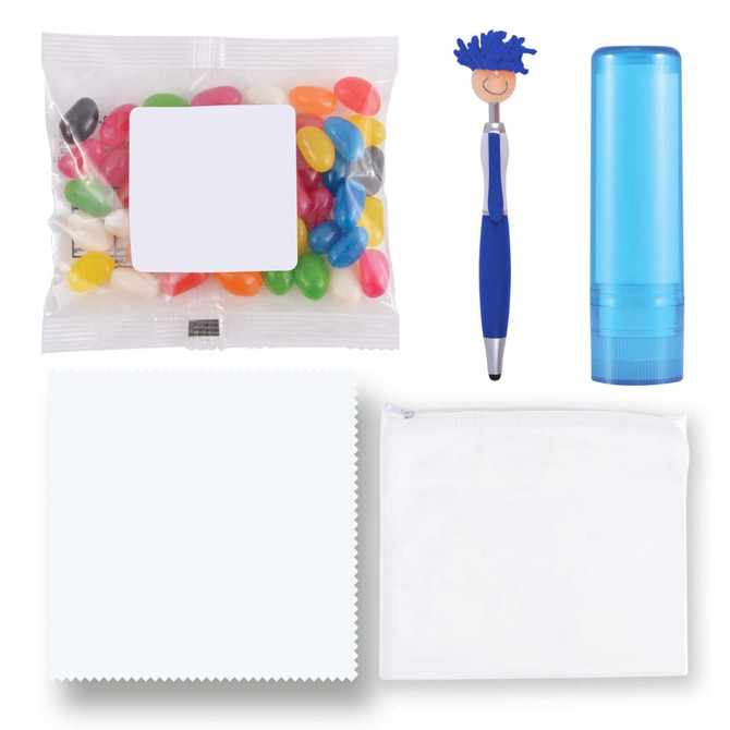 A collection of items including colorful jelly beans, a blue pen, a blue lip balm container, and two white pouches.