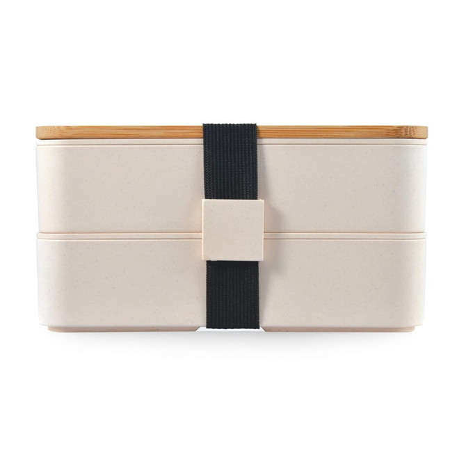 A beige eco lunch box with a bamboo lid and a black elastic band for secure closure. Features a logo.