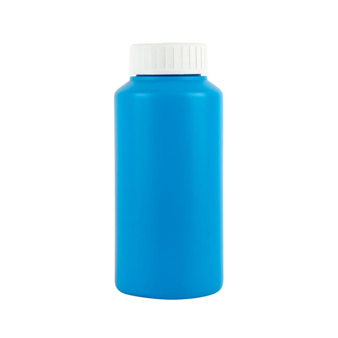 A drink bottle in bright blue with a white screw cap and a smooth exterior. It has a logo on the surface.