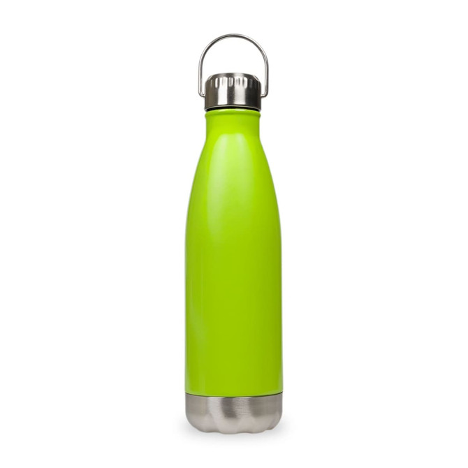 A drink bottle in vibrant green with a stainless steel base and a hanger lid. Features a logo on the body.