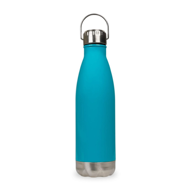 A drink bottle in bright teal with a silver stainless steel base and a metal hanger lid.