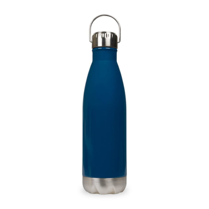A drink bottle in a deep blue finish with a stainless steel hanger lid. It has a sleek, slender design.