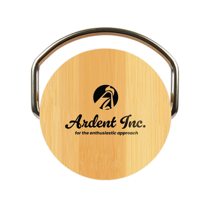 A drink bottle featuring a cylindrical design with a bamboo exterior and a metal handle, displaying a logo.