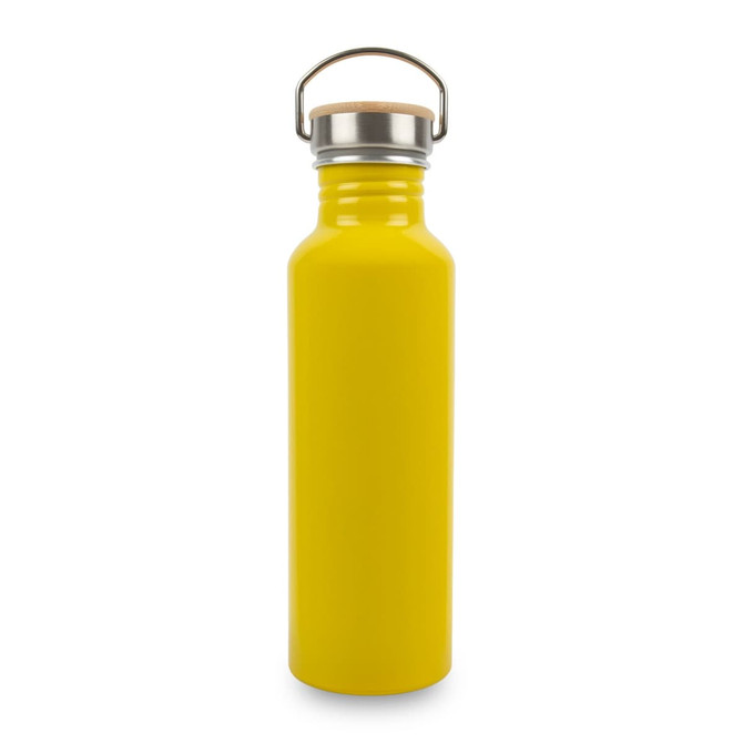 A drink bottle in bright yellow with a metal lid and wooden stopper. It features a logo on the side.