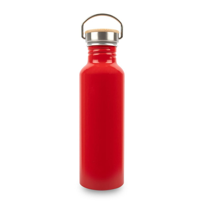 A drink bottle in a vibrant red finish with a stainless steel lid and a wooden handle. It features a logo.