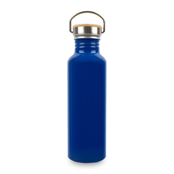 A drink bottle made of recycled aluminium in a bright blue colour, featuring a stainless steel lid and a wooden handle.