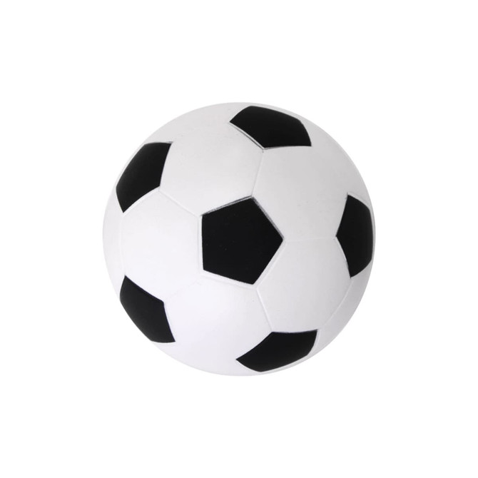 A white and black soccer ball stress reliever with a traditional hexagonal design and a logo.