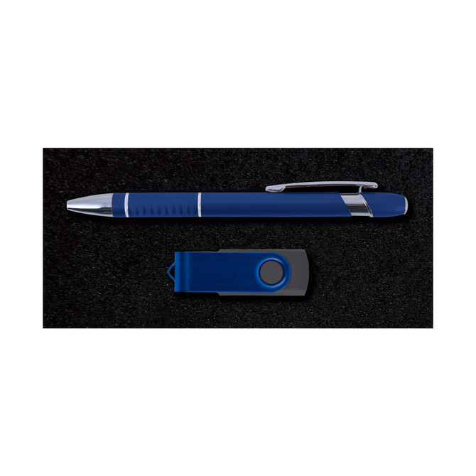A blue pen and a black USB flash drive are displayed together in a sleek black presentation box.