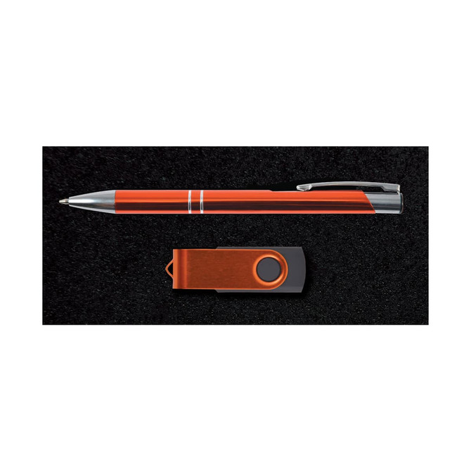 A gift set featuring a sleek pen and a modern USB flash drive, both displayed in a dark presentation box.
