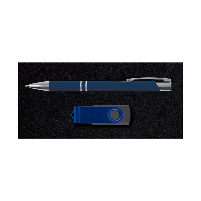 A metal pen and a USB drive in navy blue, presented on a black textured background. Both items feature a branding logo.