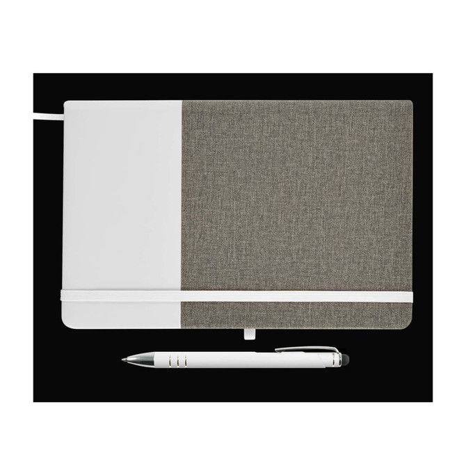 A notebook with a textured green and white cover, accompanied by a sleek white pen.