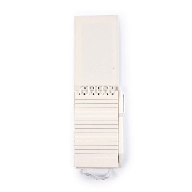 A notepad with a spiral binding and lined pages, accompanied by a pen, in a light color.