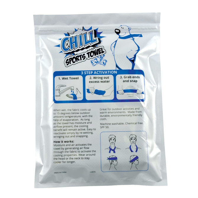 A cooling towel in a silver pouch, featuring a design with instructions and a logo. The towel is light blue.
