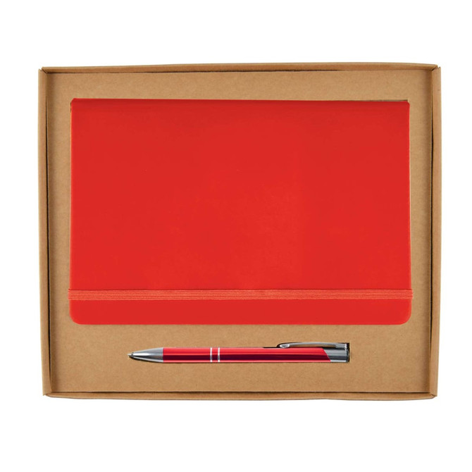 A red notebook with an elastic band and a silver pen are neatly presented in a cardboard gift box.