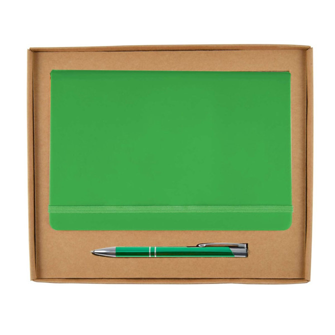 A green notebook with a matching pen, presented in a cardboard gift box.