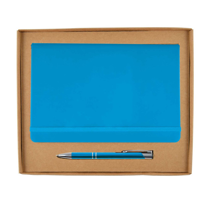 A blue notebook and blue pen are displayed inside a cardboard gift set box. The box is open.