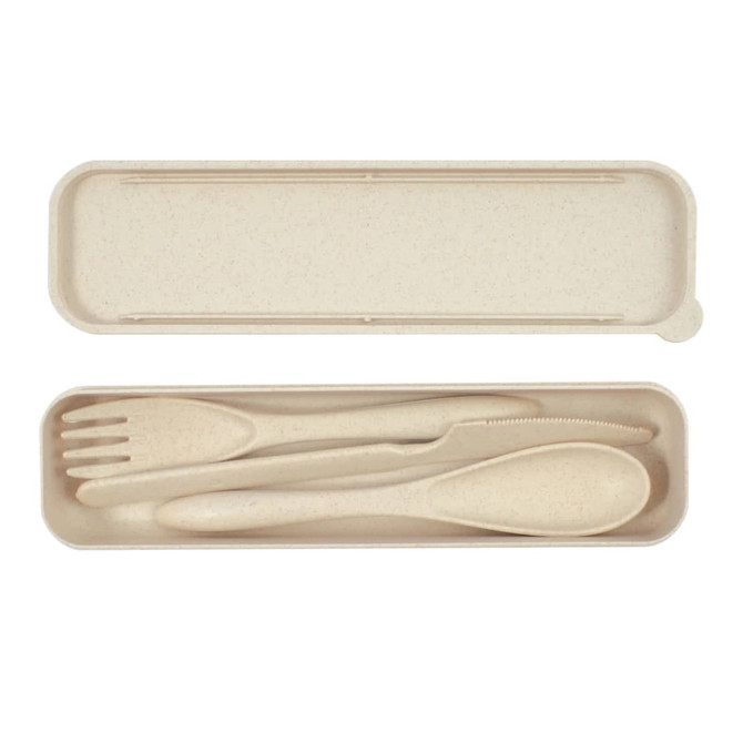 A beige cutlery set in a compact case, featuring a knife, fork, spoon, and chopsticks. The case has a logo.