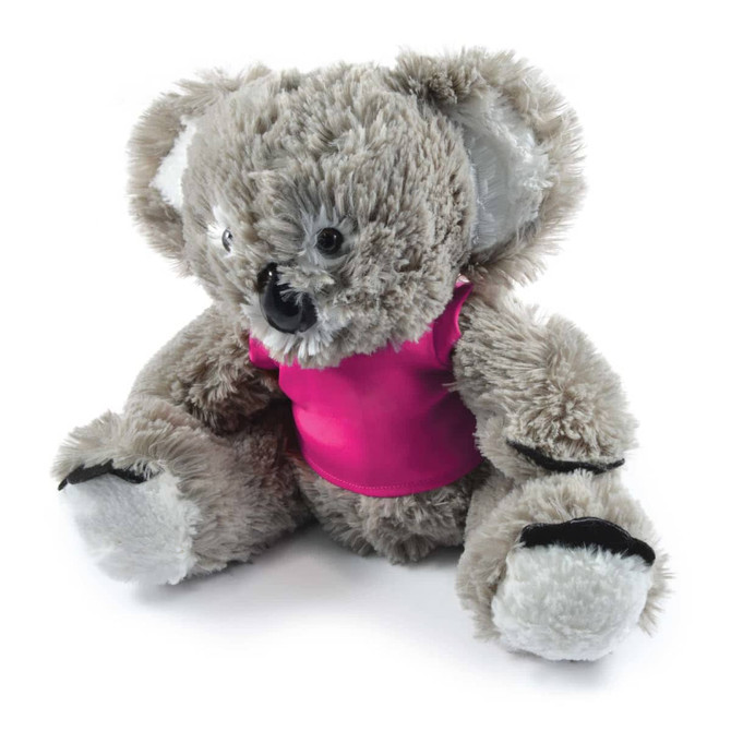 A plush koala toy with a fluffy gray body and a bright pink shirt, designed for fun and games.