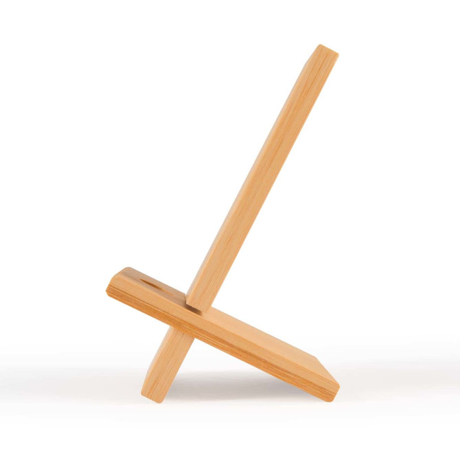 A bamboo phone stand with a sleek design, featuring natural wood tones and a simple geometric shape.