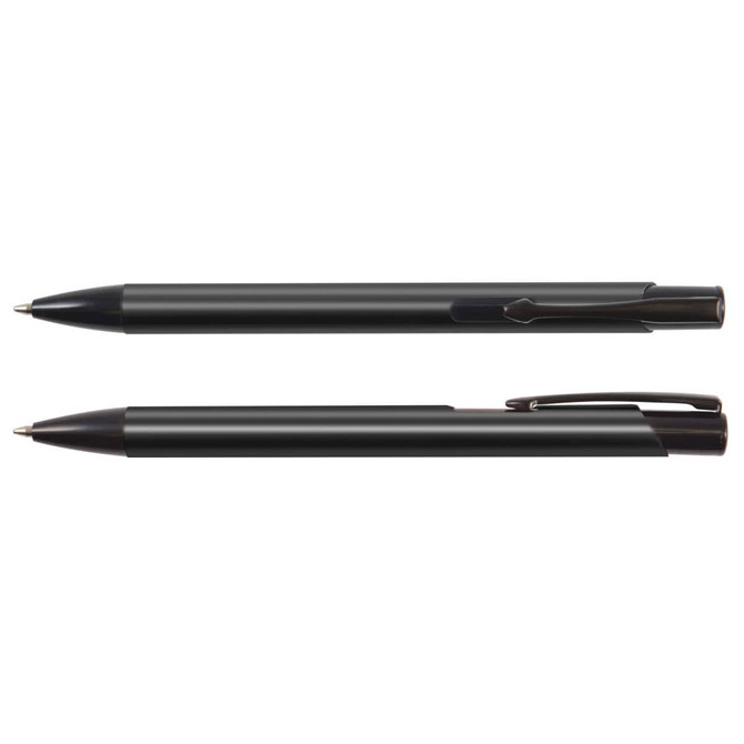 A black metal pen is displayed from different angles, featuring a sleek design and a subtle logo.