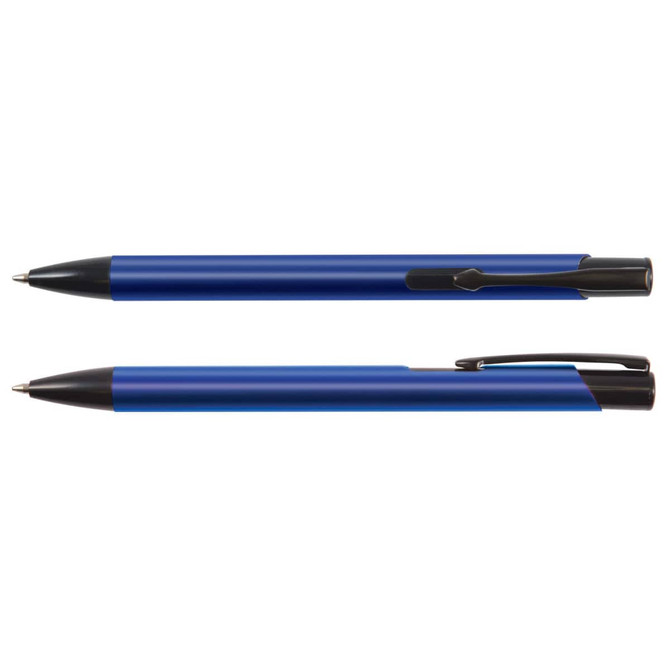 A blue metal pen with a black clip and tip, featuring a sleek design and a logo.