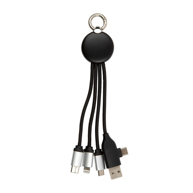 A charging cable with a round black holder and multiple connectors, including USB, Micro USB, and Lightning.
