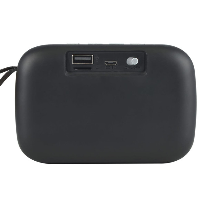 A Jive Speaker with a smooth black exterior featuring a USB port, a charging port, and a power switch on a flat surface.