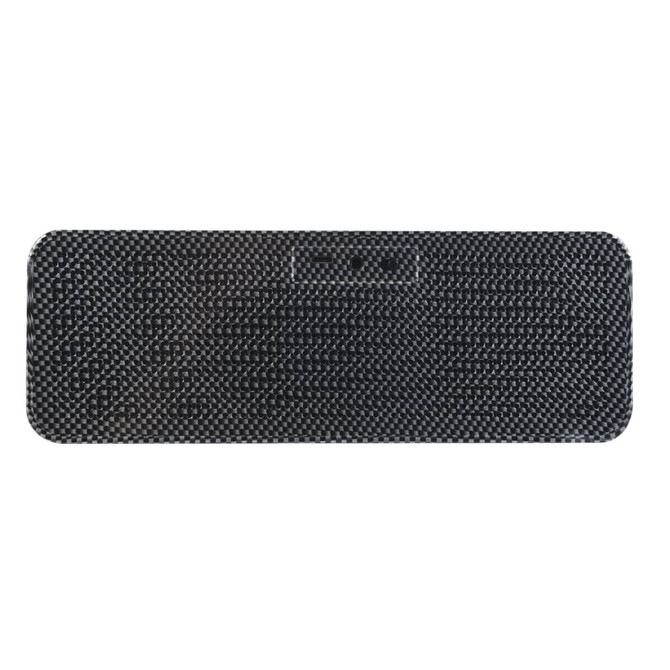 A black speaker and inductive charger with a textured surface, featuring a logo and multiple ports.
