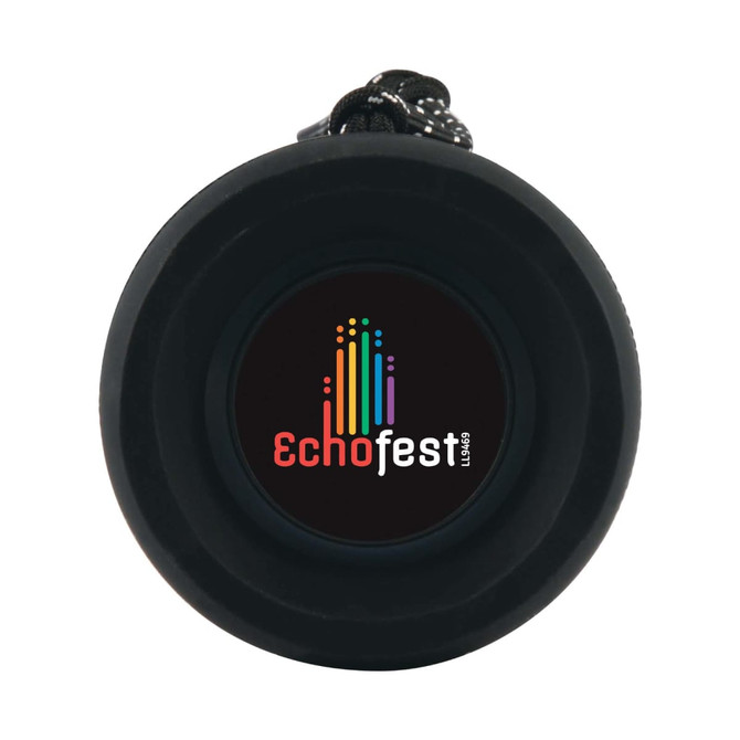 A Neon Bluetooth Speaker featuring a circular design with a black exterior and a colorful logo for "EchoFest."