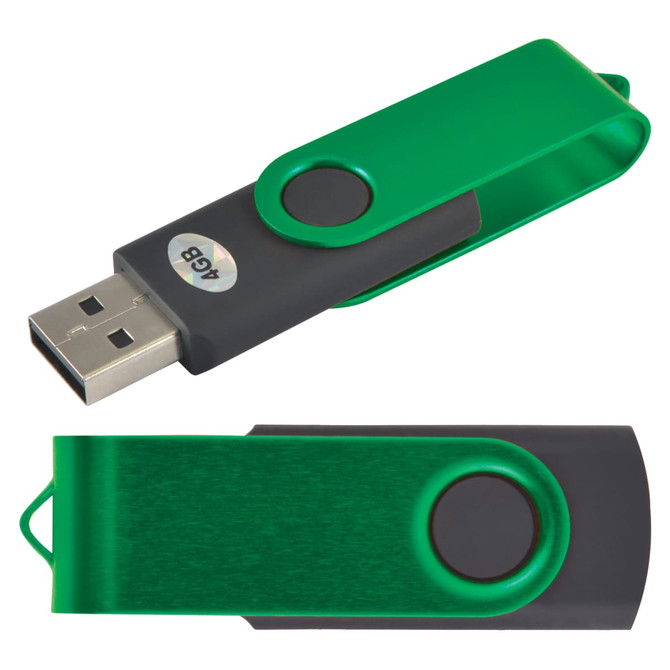 A green swivel USB flash drive with a black clip and a circular button for easy access. It features a logo on one side.
