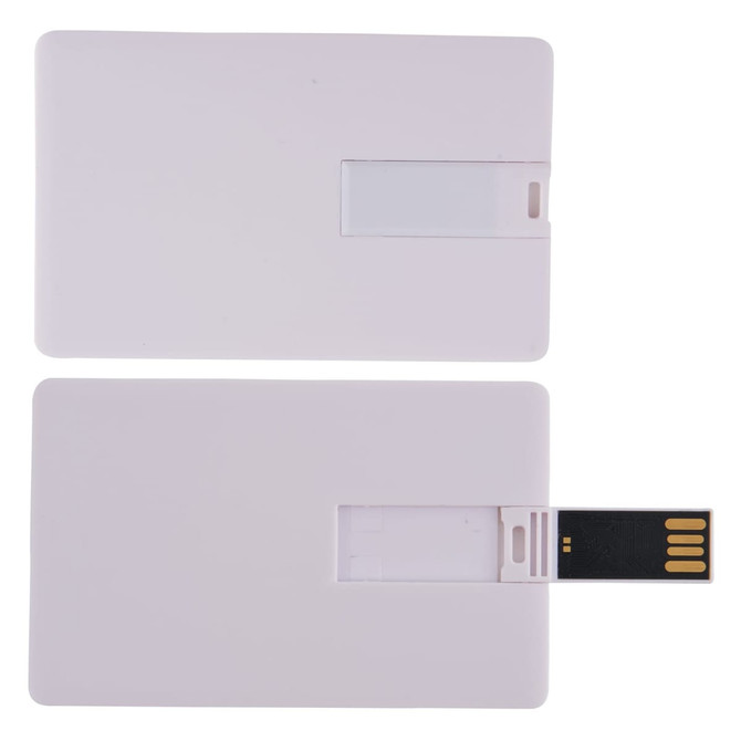 A white credit card-sized flash drive with a retractable USB connector. It features a simple design with a logo on it.