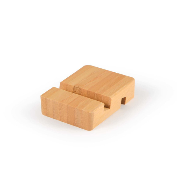 A bamboo tablet and phone stand designed for holding devices securely.