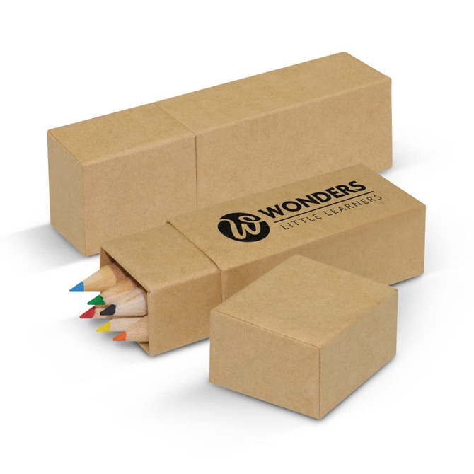 A coloured pencil set featuring various colored pencils stored in a cardboard box with a logo printed on the side.