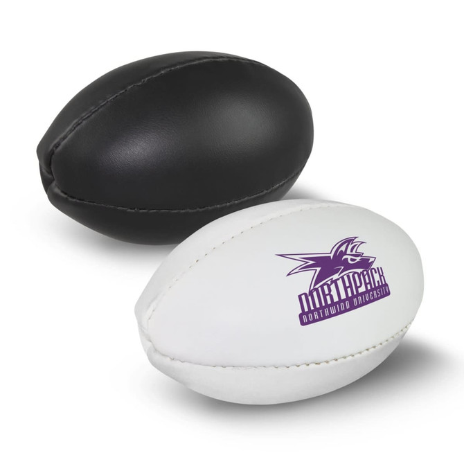 A mini rugby ball set featuring a black ball and a white ball, each displaying a logo.