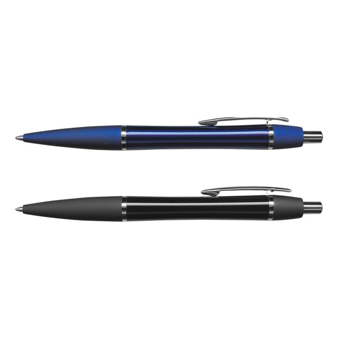 Two metal pens are displayed: one with a blue finish and chrome accents, and the other in a matte black finish with chrome details.