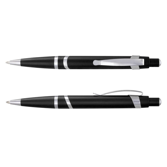A black plastic pen with silver accents and a clip, featuring a sleek design and a logo.