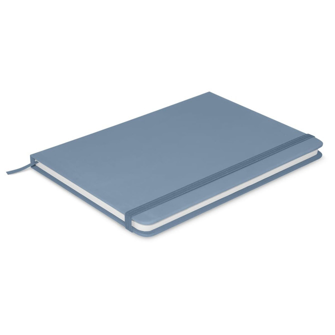 A blue notebook with an elastic band closure, featuring a smooth cover and blank pages inside.