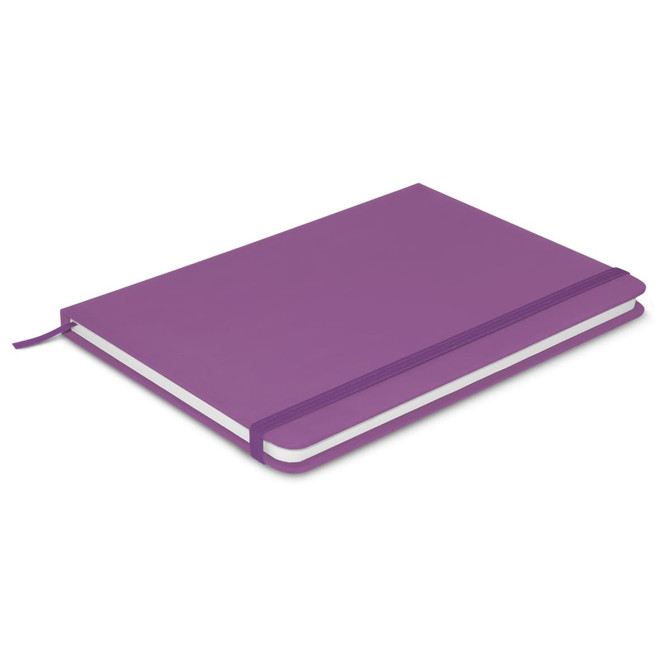 A purple Omega Notebook with a smooth cover and elastic band closure, featuring white pages inside.