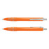 An orange plastic pen with silver accents and a sleek design, featuring a clip and decorative rings.
