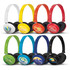 Eight pairs of headphones in various colours, including white, yellow, red, orange, green, blue, and black, each with a logo.