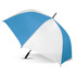 A sports umbrella featuring a blue and white design with a black handle and a logo on the shaft.