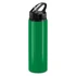 A drink bottle in vibrant green with a black flip cap and carry handle, featuring a logo on the side.