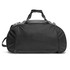 A black sports bag featuring a handle and shoulder strap, made from durable material and including a logo.