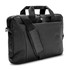 A black laptop bag with handles and a shoulder strap, featuring a logo on the front.